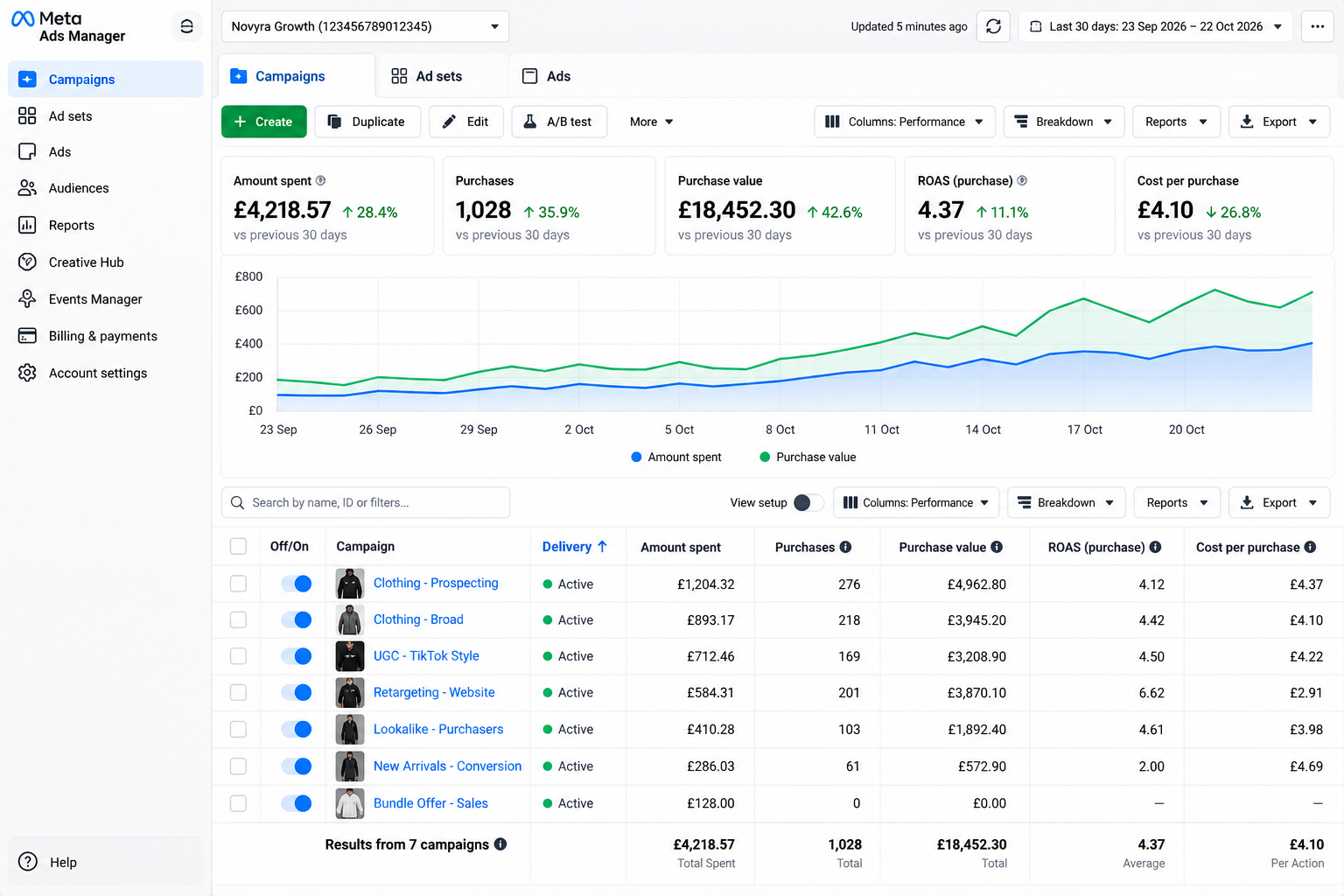 Meta Ads Manager campaign performance dashboard example